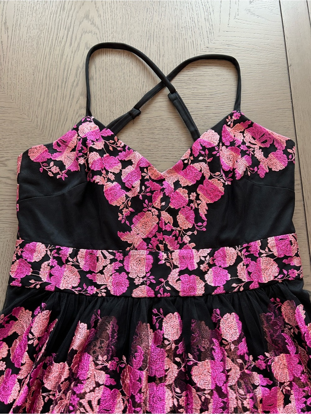 Christian Siriano Midi Dress with Pink Floral Embroidery on Black Tulle - Picture 2 of 11